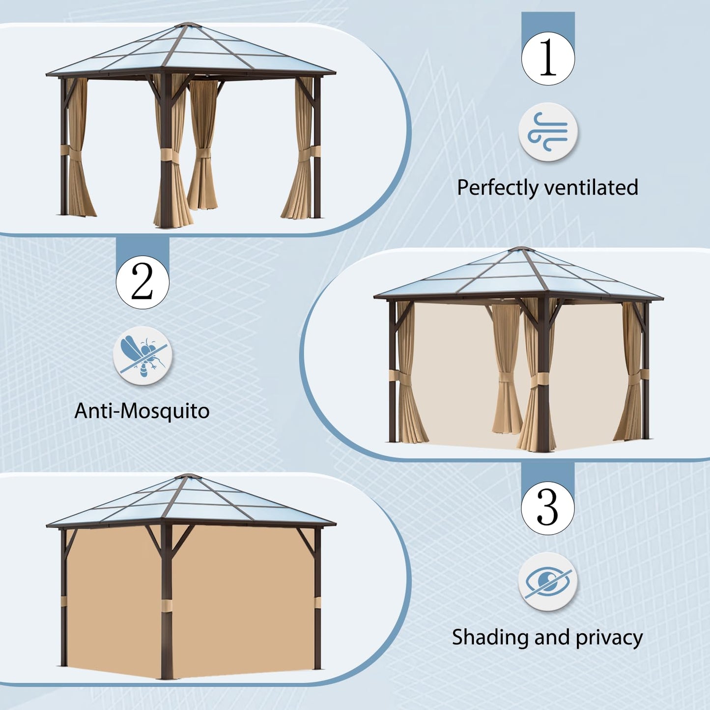 Aoxun 10' x 10' Gazebo Single Polycarbonate Roof, Outdoor Aluminum Frame Everlasting Pergolas with Netting and Curtains, for Backyards, Patios, Parties, Gardens and Lawns - WoodArtSupply