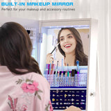 Lvifur 360° Rotating 64'' Jewelry Armoire with 6 LEDS, Full Length Mirror Large Capacity Jewelry Organizer Armoire, Lockable Floor Standing Mirror with 4 rollers for Bedroom, Cloakroom Lvifur