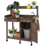 Outsunny Potting Bench Table with Sink, Outdoor Work Bench Table with Storage Cabinet, Hooks, Removable Sink, Faucet and Drawer for Greenhouse, Garden, Patio, Dark Brown Outsunny