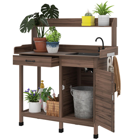 Outsunny Potting Bench Table with Sink, Outdoor Work Bench Table with Storage Cabinet, Hooks, Removable Sink, Faucet and Drawer for Greenhouse, Garden, Patio, Dark Brown Outsunny
