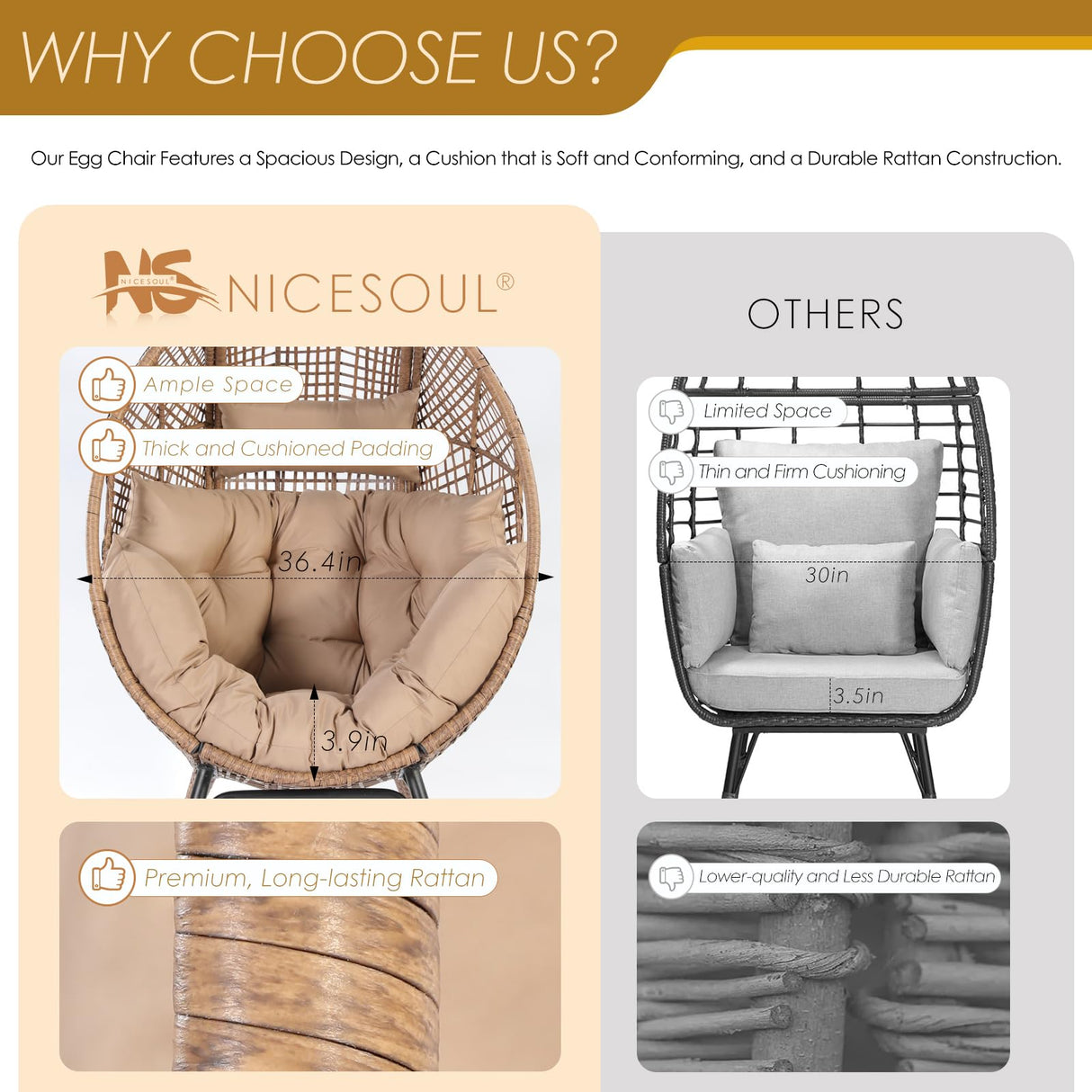 NICESOUL Egg Chair Indoor Outdoor, Large Egg Lounge Chair w/Ottoman, Oversized Comfy Cushioned Brid Cage Seat 440lbs, Boho Nest Seat with Footstool for Patio, Bedroom, Lawn, Backyard, Brown NICESOUL