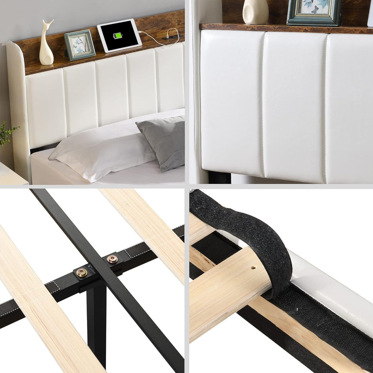 XKLOGER Queen Bed Frame with Headboard & Charging Station, Upholstered Platform Bed Frame with 2 Storage Drawers, Sturdy Wooden Slats Support/No Box Spring Needed/Noise Free/Easy Assembly/White XKLOGER