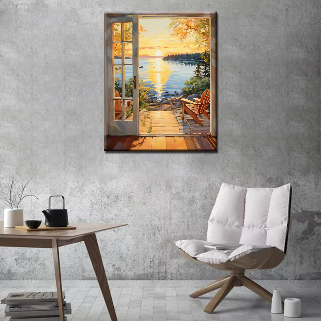 Tucocoo Door Landscape Paint by Bumbers for Adults Lake Landscape DIY Paint by Numbers Acrylic Paint Canvas Lakeside Plants Sunset Scenery Painting Kits Art 16x20 Inch（Without Frame） Tucocoo