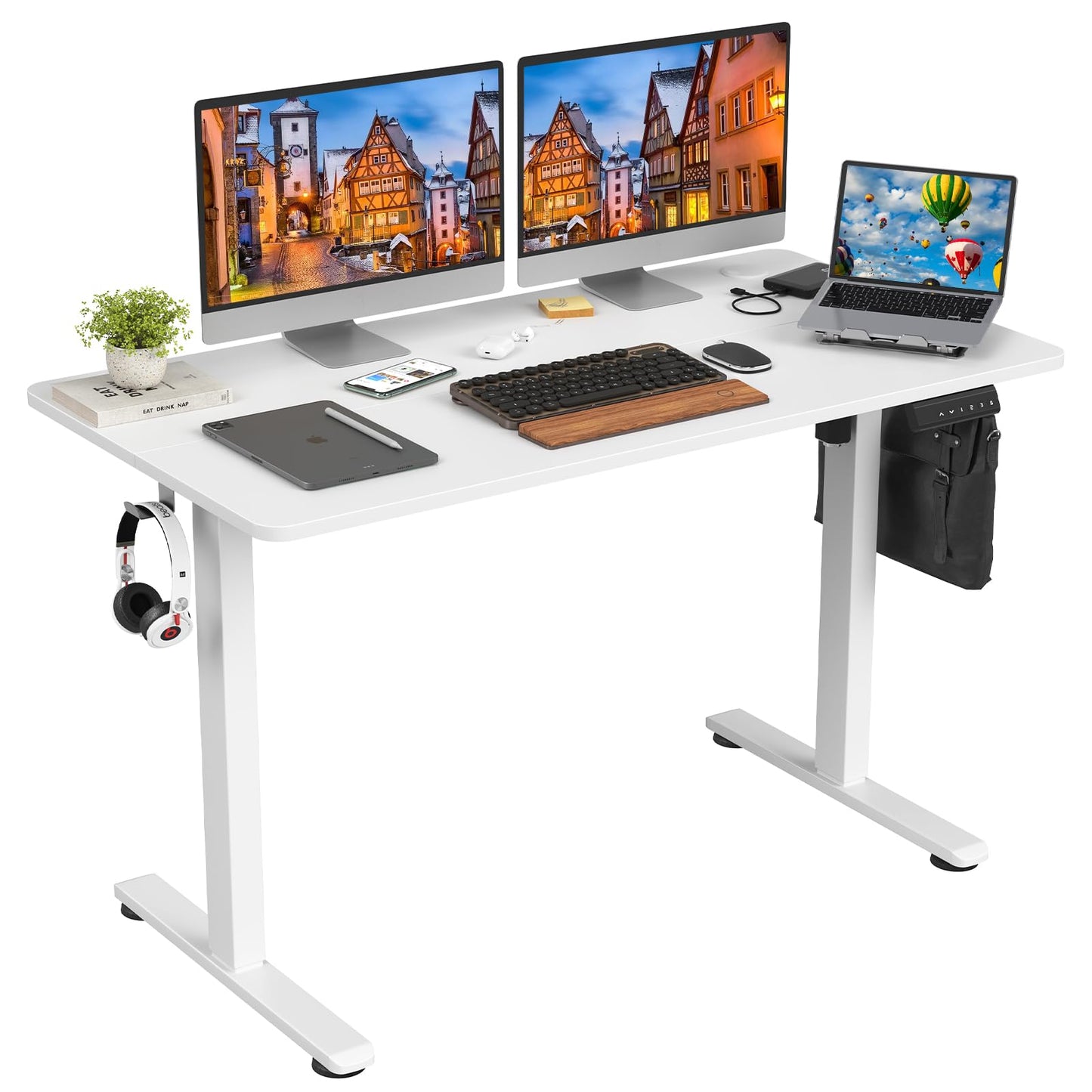 STARY Electric Adjustable Height Sit Stand Home Office Desk with Splice Board, 48x24, White Desktop/White Frame - WoodArtSupply