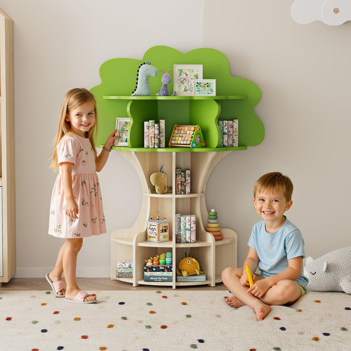 RUPOLX 5-Tier Tree Kids Bookshelf, Toddler Montessori Shelf Book Rack, Toy and Book Storage for Kids, Wooden Children's Bookcase, Toy Storage Organizer for Preschool, Kid Room, Playroom, Nursery-002 RUPOLX