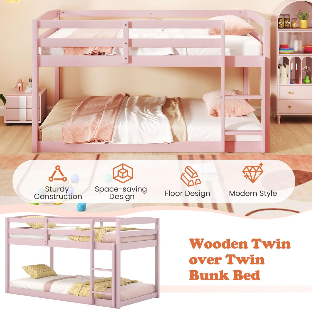 Giantex Twin Low Bunk Bed, Solid Wood Twin Over Twin Bunk Bed Frame with Full Guardrails & Integrated Ladder, Floor Twin Bunk Beds for Kids Boys and Girls, No Box Spring Needed (Pink) Giantex
