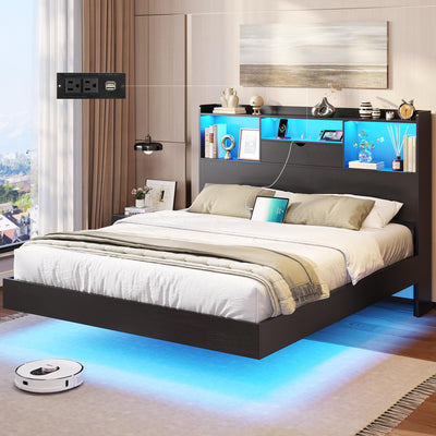 DICTAC Full Floating Bed Frame with LED Lights and Headboard Storage, Visual Floating Bed with Charing Station, Full Size Metal Platform Bed with Stable Structure, No Box Spring Need, Easy Assembly