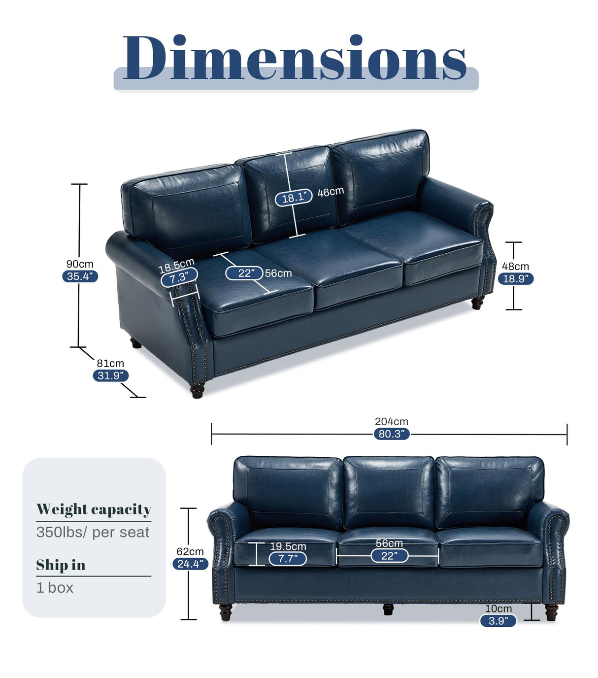 Kingfun Mid-Century Modern Couch, Faux Leather Sofa, 3 Seater Couch for Living Room with Rolled arms & Nailhead Trim, Blue Kingfun