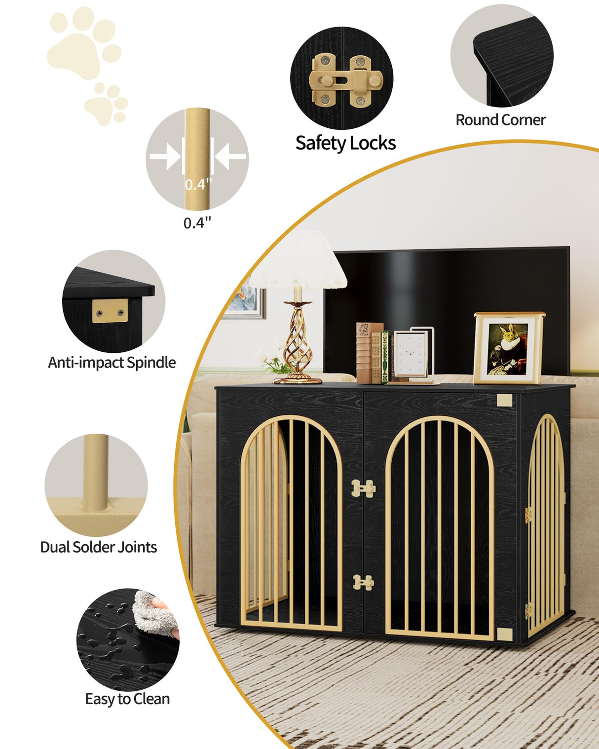 Hzuaneri 44.1'' Dog Crate Furniture, Dog Kennel Indoor Arched Door Design, 3 Door Wooden Dog Crate Furniture for Small/Medium/Large Dog, Side Table, TV Stand, Anti-Chew, Anti-Escape, Black Gold Hzuaneri