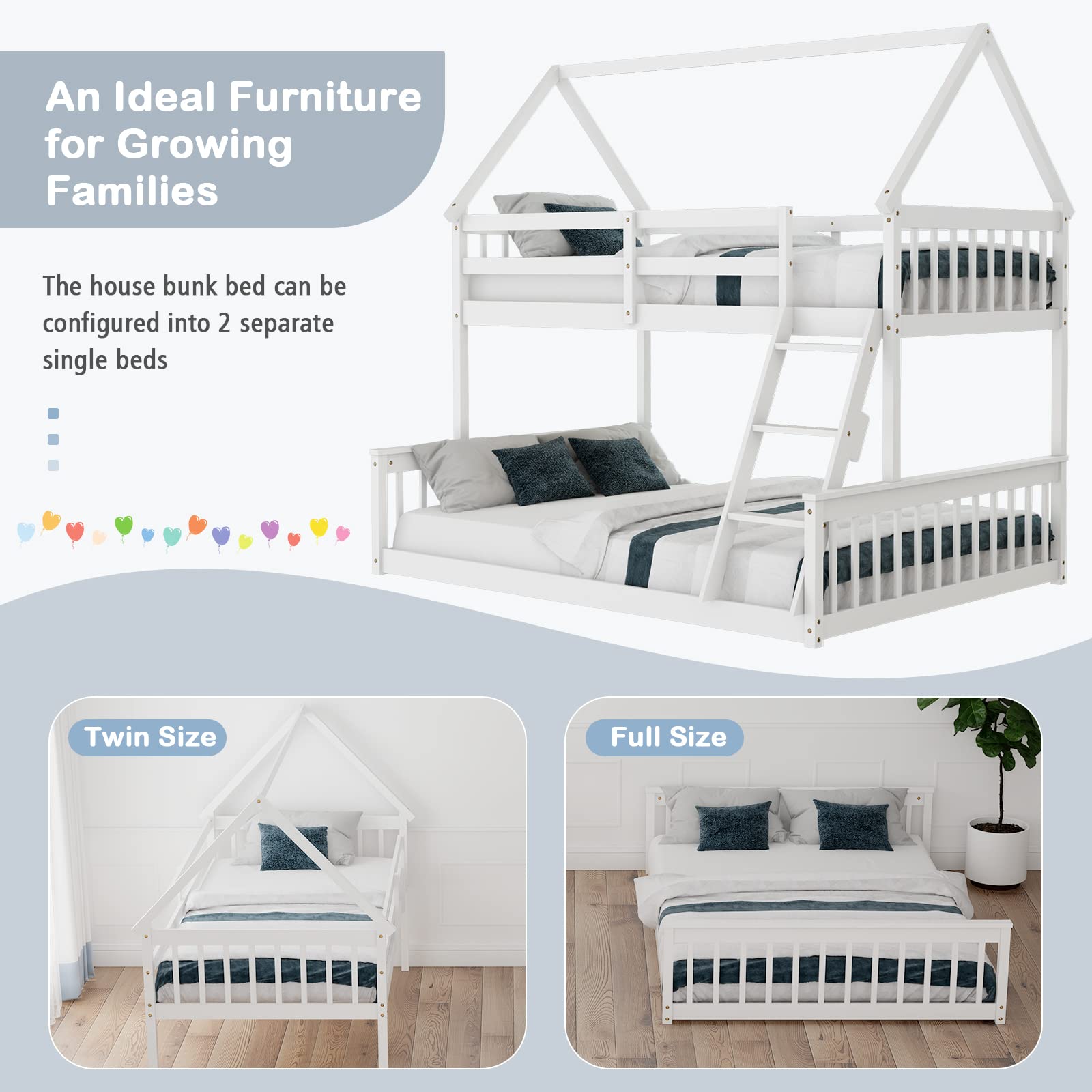 KOMFOTT White Twin Over Full House Bunk Bed with Built-in Ladder and Safety Guardrails - WoodArtSupply