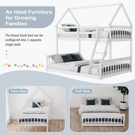 KOMFOTT White Twin Over Full House Bunk Bed with Built-in Ladder and Safety Guardrails KOMFOTT