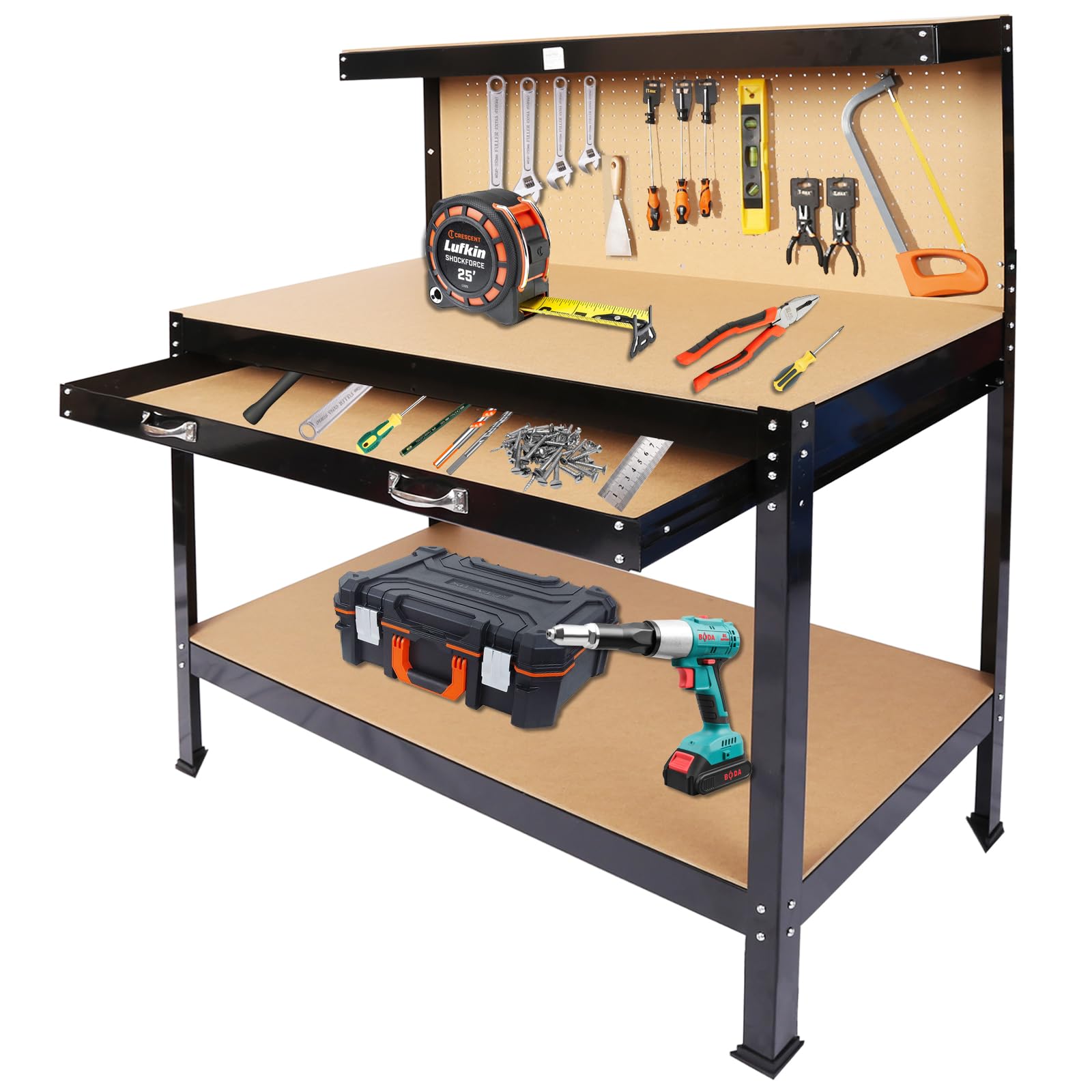 SPOWAY 63'' Garage Workbench, 300 Lbs Load Capacity Heavy Duty Work Bench, Workbench with Pegboard Drawer Backplate Metal Frame Wood Top Workbench for Workshop Office Home Garage - WoodArtSupply