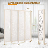 Giantex Room Divider 4 Panels - 66'' Boho Room Dividers with Carved Pattern & Solid Wood Frame, Folding Privacy Screen for Bedroom Office, Partition Wall Divider for Room Separation, Washed White Giantex