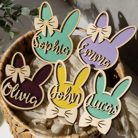 Personalized Easter Basket Tag for Kids w/Name - 3D 2 Layer Easter Tags - 24 Background Colors - Custom Easter Place Card Name, Wooden Basket Label Decor for Rustic Home, D4 (Bowtie Girl) Lily's Atelier