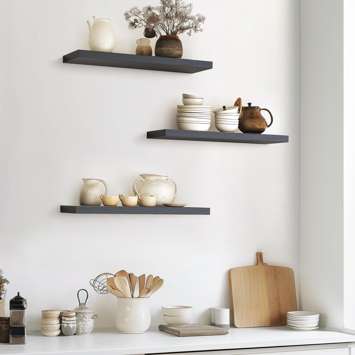 BAYKA Floating Shelves for Wall, 22.5 inches Wall Mounted Rustic Wood Shelves for Bathroom, Bedroom, Living Room, Floating Shelves for Books/Storage/Decor with 22lbs Capacity(Black,Set of 3) BAYKA