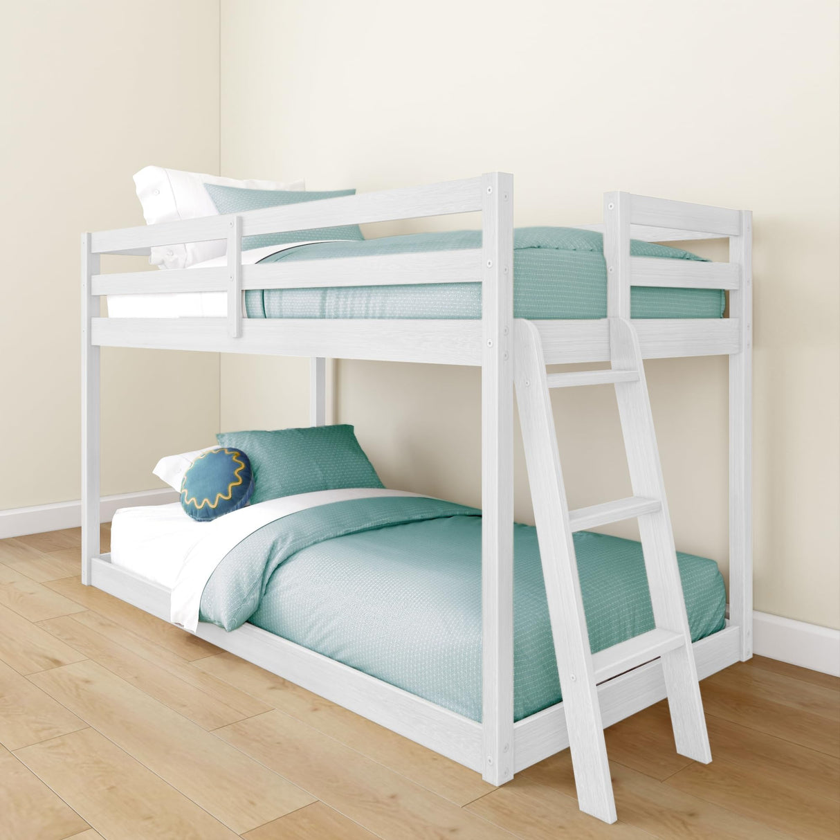 Grain & Grove Bear Twin Over Twin Bunk Bed, Low Bunk Bed Frame for Kids, Bunk with Ladder, Guardrail, and Slats, No Box Spring Required, Brushed White Grain & Grove