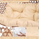 Double Swing Egg Chair with Stand, Hexagon Rattan Wicker Swing Chair Outdoor, Large 2 Person Patio Hanging Chair with Foldable Loveseat Removable Cushions (Beige) WALTSOM