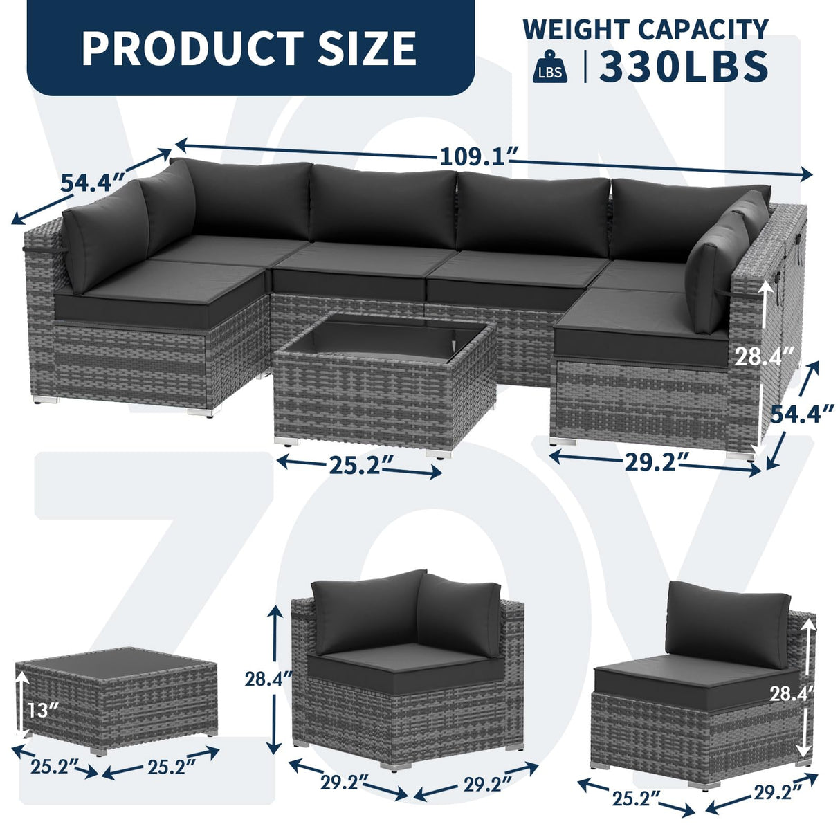 VONZOY Outdoor Patio Furniture Set 7 Pieces Sectional Rattan Sofa Set, PE Wicker Patio Conversation Set with 6 Seat Cushions and 1 Tempered Glass Table and Furniture Cover, Black VONZOY
