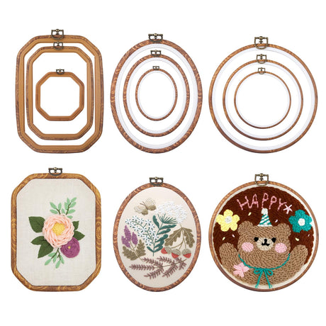 9 Pcs Embroidery Hoop Frame Set Decorative Imitated Wood Embroidery Hoop Display Frame for Art Craft Sewing Decorative Ornaments, Circle, Oval, Octagonal Embroidery Hoops Zuaooz