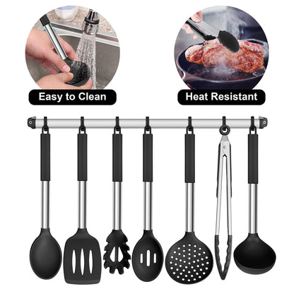 E-far Silicone Cooking Utensils Set, 7 Pcs Heat Resistant Kitchen Utensils with Stainless Steel Handle, Slotted Turner, Spoon, Soup Ladle, Pasta Server, Skimmer, Tongs for Nonstick Cookware, Black