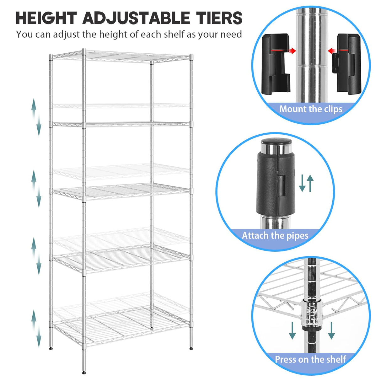 YRLLENSDAN 5 Tier Metal Shelving Unit, Heavy Duty Wire Shelves, Adjustable Storage Rack for Kitchen, Garage Shelving, Pantry Shelves, Storage Shelves Organizer, 24" W x 14" D x 61" H, Chrome YRLLENSDAN