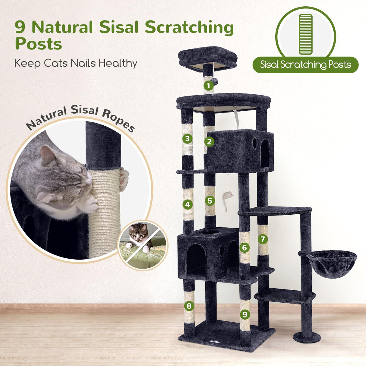 Globlazer F83 Giant Cat Tree, 83 inch Cat Tree for Indoor Cats Large Adult, XXL Cat Tower with 9 Scratching Posts for 20lb+ Heavy Duty Large Adult Cats, Dark Grey Globlazer
