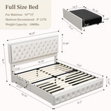 SIBEDS Full Led Bed Frame with 2 Drawers, Storage Platform Bed with Upholstered Crystal Button Tufted Headboard Footboard, 2 Side Pockets, No Box Spring Needed, PU White SIBEDS