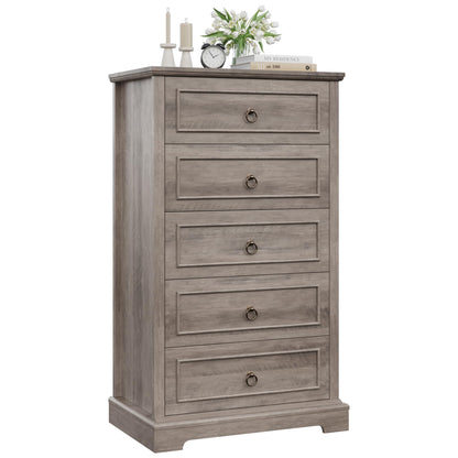 HOSTACK 5 Drawer Tall Dresser, Modern Farmhouse Chest of Drawers, Wood Dressers Organizer, Accent Storage Cabinet for Living Room, Hallway, Home Office, Ash Grey - WoodArtSupply