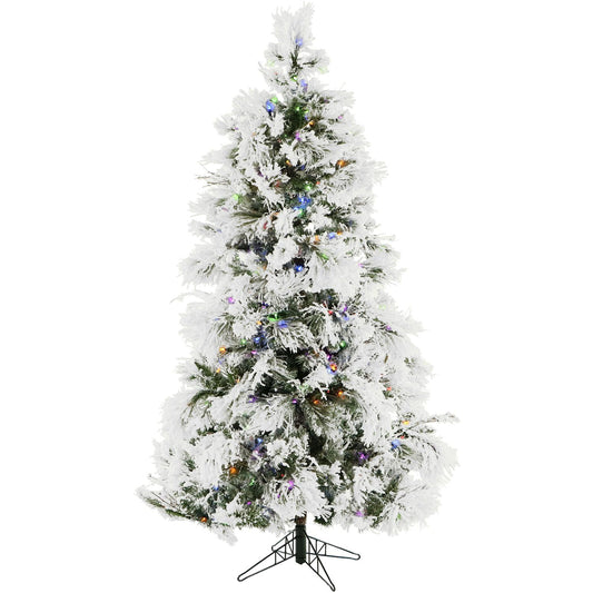 Fraser Hill Farm 12-Feet Pre-Lit Snow Flocked Snowy Pine Artificial Christmas Tree with Dual Multicolor & Warm White LED Lights, Full Silhouette, Realistic Foliage, Stand Included, Decor