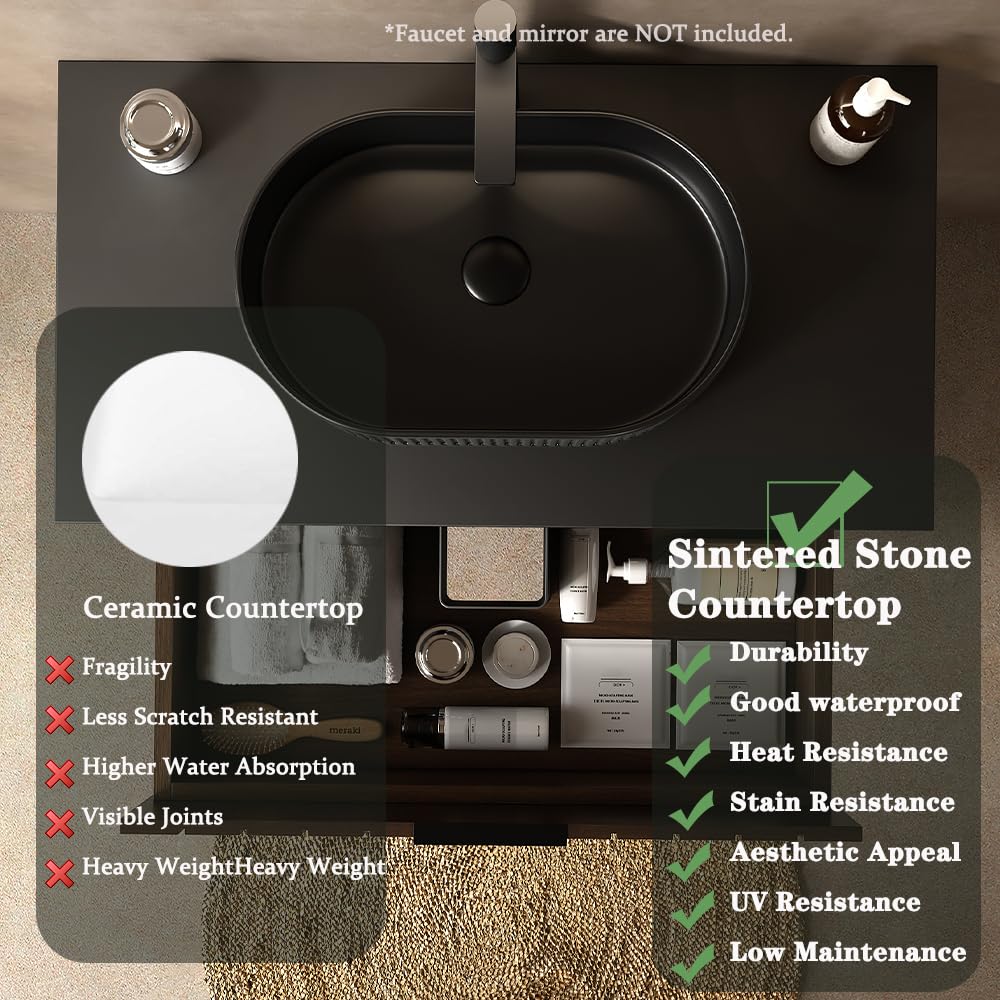 36 Inch Bathroom Vanity with Sink, Dark Walnut Vanity Bathroom Sink and Cabinet Combo, Bathroom Vanities w/Drawer and Metal Supporting Structure & Freestanding Striped Design - Miami, Dark Walnut RAINLUX