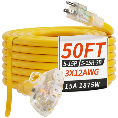 PlugSaf 50 FT 12/3 Gauge Outdoor Extension Cord with Multiple Outlets Light Indicator, Flexible 3 Outlet Weatherproof Heavy Duty Extension Cord Waterproof Yellow, 15A 1875W 12AWG SJTW, ETL Listed PlugSaf