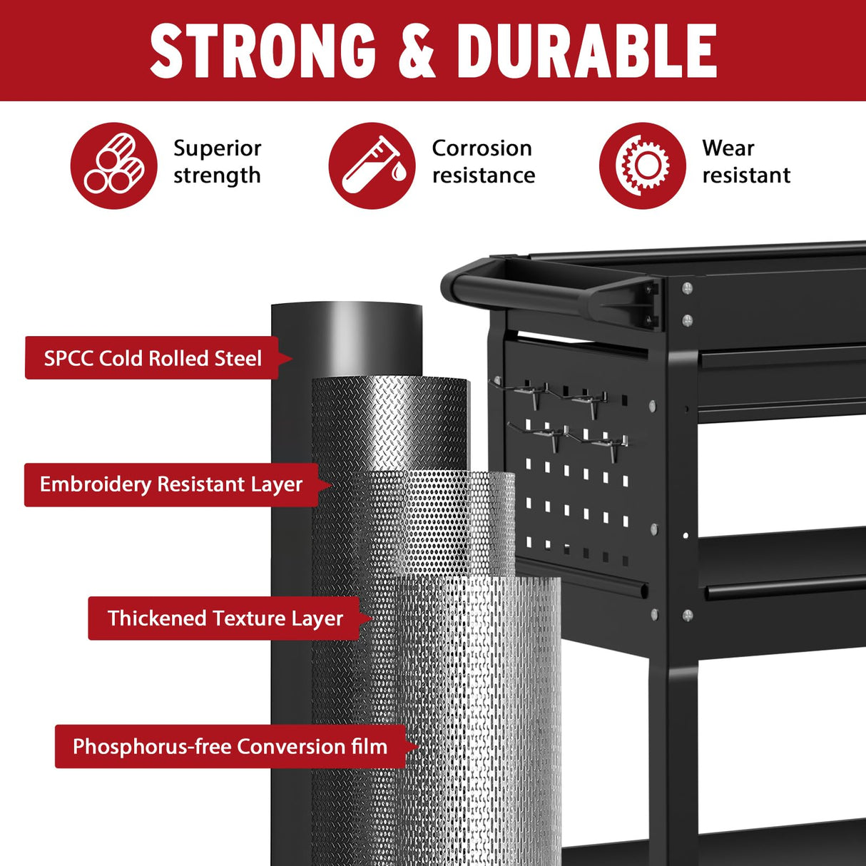 Granper 3 Tier Rolling Storage Cart, Heavy Duty Utility Industrial Service Cart on Wheels, Metal Tool Cart with Locked Drawers, Ideal for Garage, Warehouse and Repair Shop（Black） Granper