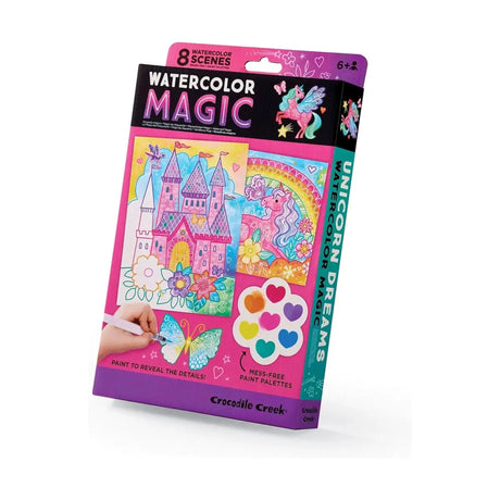 Crocodile Creek Unicorn Dreams Watercolor Magic Paint Set for Kids Ages 6 and Up - Includes 8 Water-Reveal Scenes, 8 Mess-Free Painting Palettes, and Water Brush Pen - Art Supplies for Kids Crocodile Creek