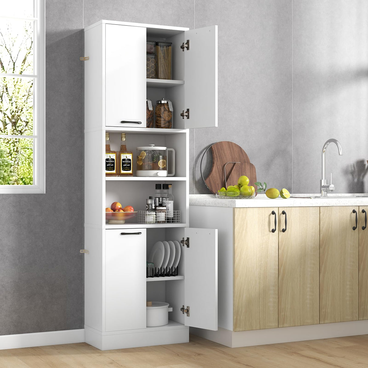 Tangkula 75" Tall White Bathroom Storage Cabinet with 4 Doors & 2 Open Shelves Tangkula