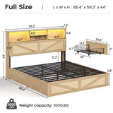 AOGLLATI Full Size Bed Frame with 4 Storage Drawers and 2-Tier Bookcase Hidden Headboard, Rattan Led Bed Frame Full Size with Charging Station, No Box Spring Needed, Wood AOGLLATI