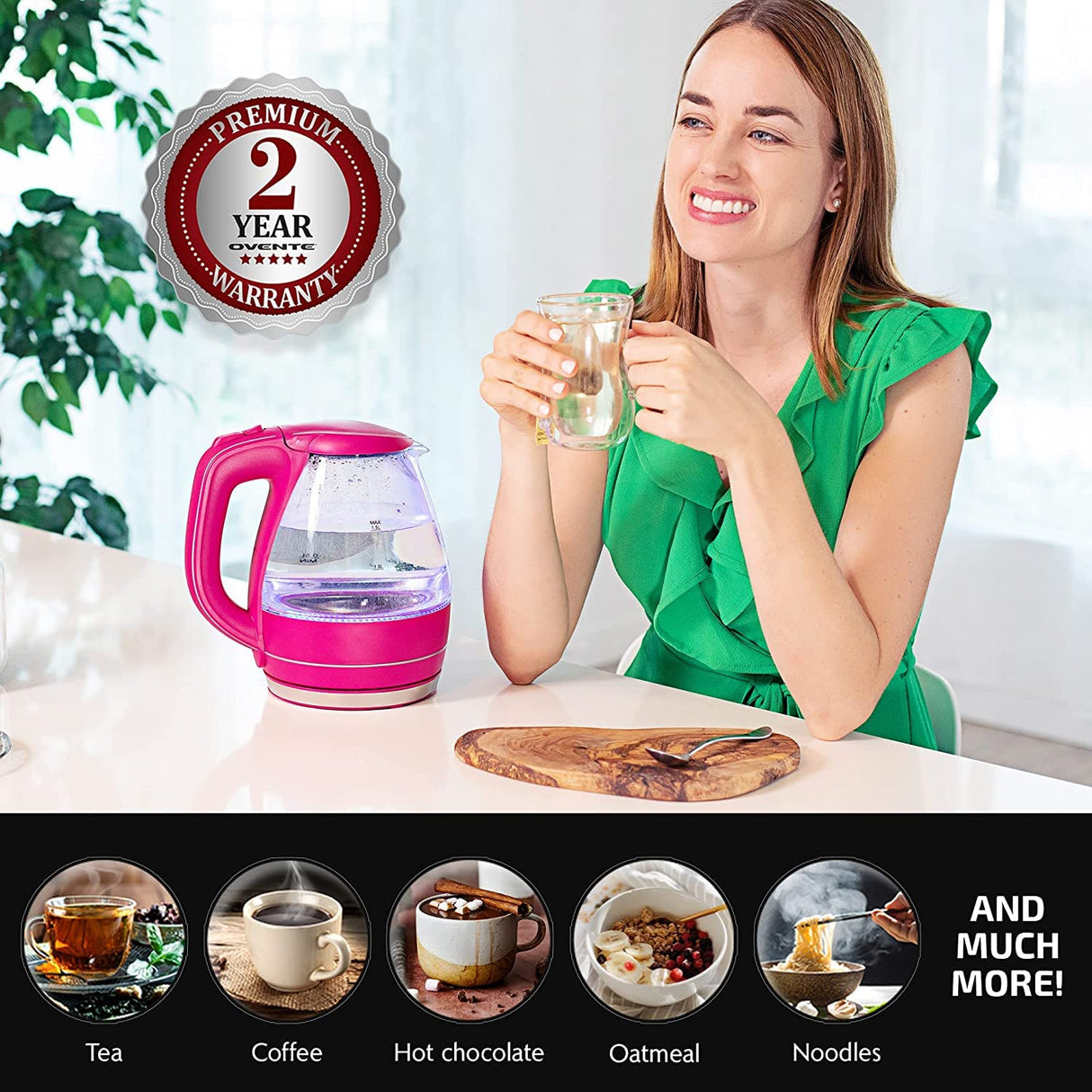 OVENTE Glass Electric Kettle Hot Water Boiler 1.5 Liter Borosilicate Glass Fast Boiling Countertop Heater - BPA Free Auto Shut Off Instant Water Heater Kettle for Coffee & Tea Maker - Pink KG83F OVENTE