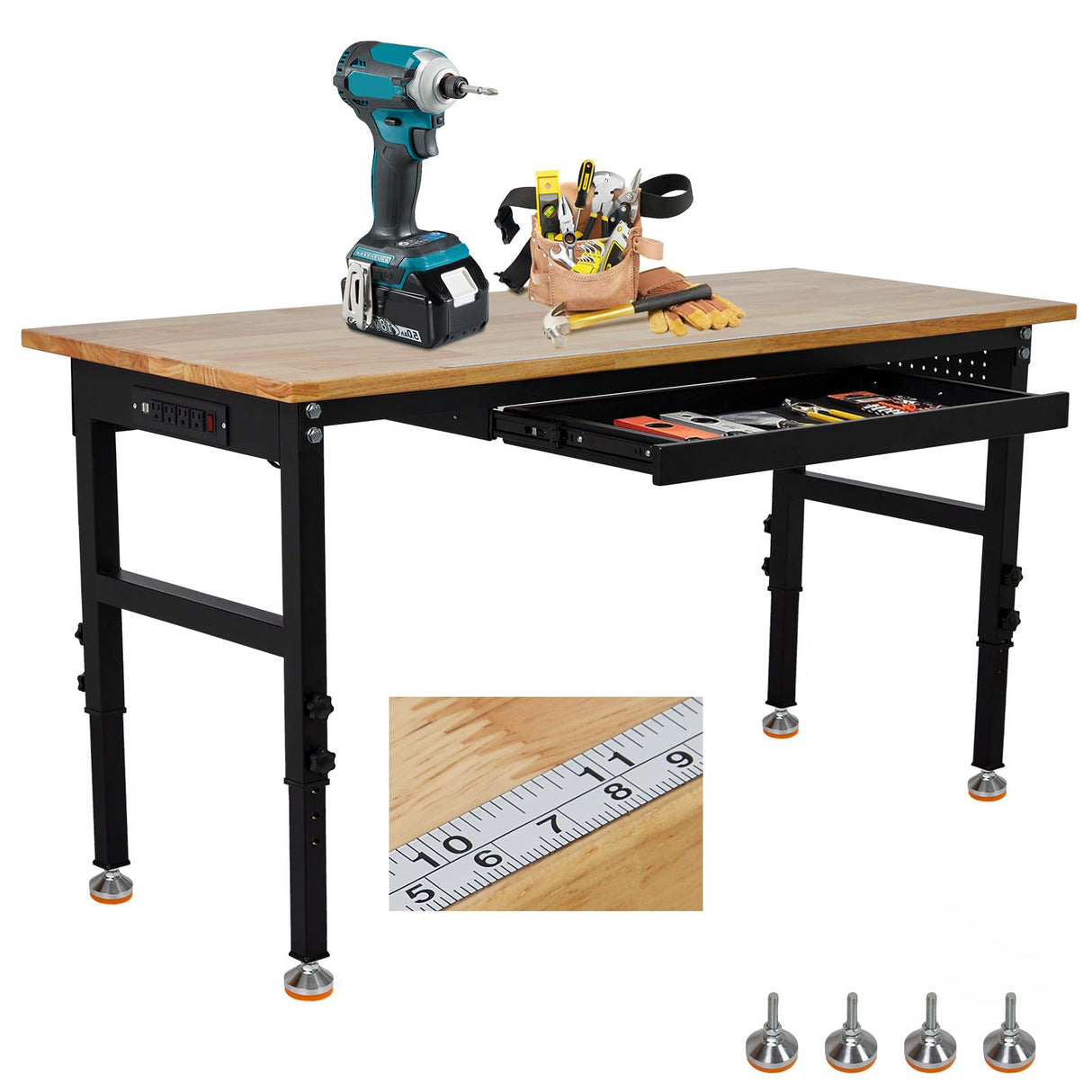 60" Adjustable Workbench with Drawer & Power Outlet,2200 Lbs Load Capacity Capacity Work Table,Heavy Duty Work Bench,Sturdy Steel Frame with Rubber Wood Table Top,for Garage,Office,Home TROPOW