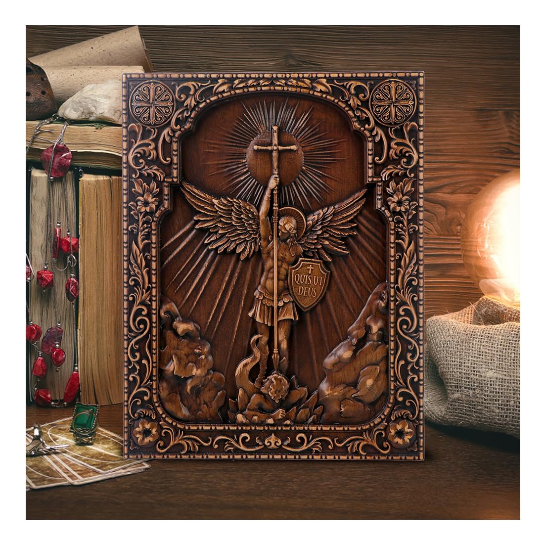 QIADGE Archangel Michael in the Cross Wall Hanging Wooden Carved Home Decor Plaque Personalized Crafts Christian Gift Idea (13.7 * 10.7 in) QIADGE