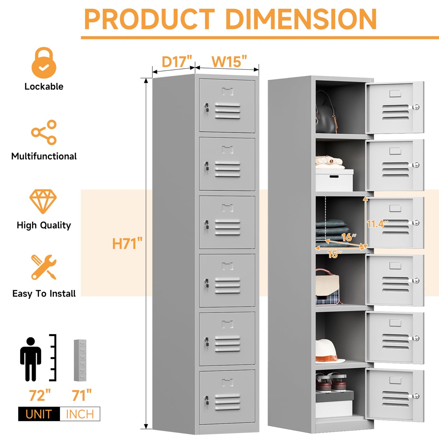 Bestoo Metal Locker with 6 Doors, 71" Tall Storage Locker for Employees, Lockable Locker Cabinets for School, Gym, Home, Office, Garage, Gray - WoodArtSupply