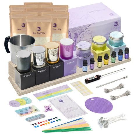 RU HANDMADE Candle Making Kit for Adults Beginner with Engraved 4x7oz Glass Jars&3 Tins, Candle Kit, 7 Pleasant Scents, Complete DIY Supplies Set with Soy Wax, Color Dye, Wick, Perfect for Home Craft RU HANDMADE