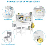GDLF Kids Study Desk and Chair Set, Adjustable Children Study Table with Chair, Kids Wooden Study Desk with Hutch, Drawers, Book Stand, Whiteboard and Fabric Storage Bag for 5-12 Years Old GDLF