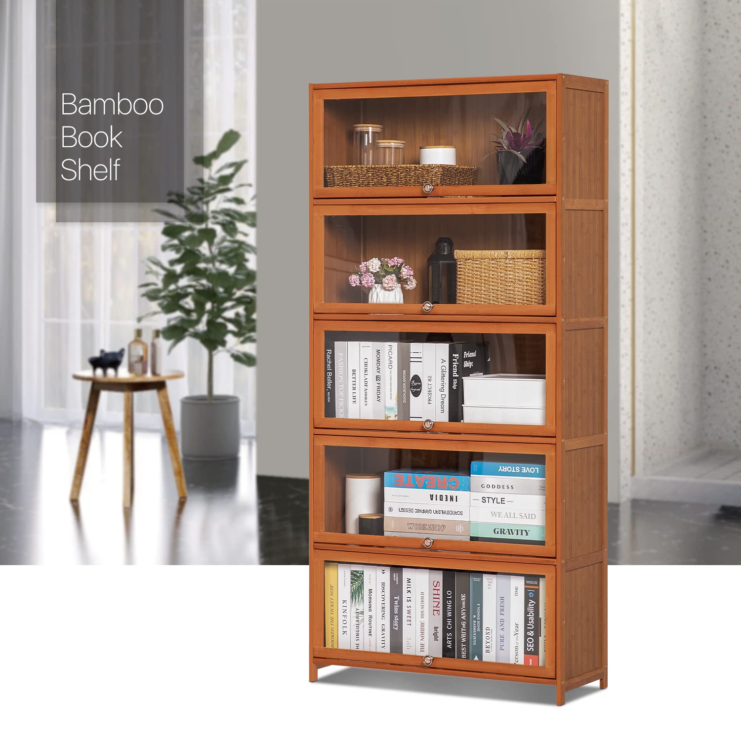 MoNiBloom Bamboo Bookcase with Acrylic Doors 5 Tier Free Standing Book Shelf Storage Organizer for Living Room Office Bedroom, Brown - WoodArtSupply