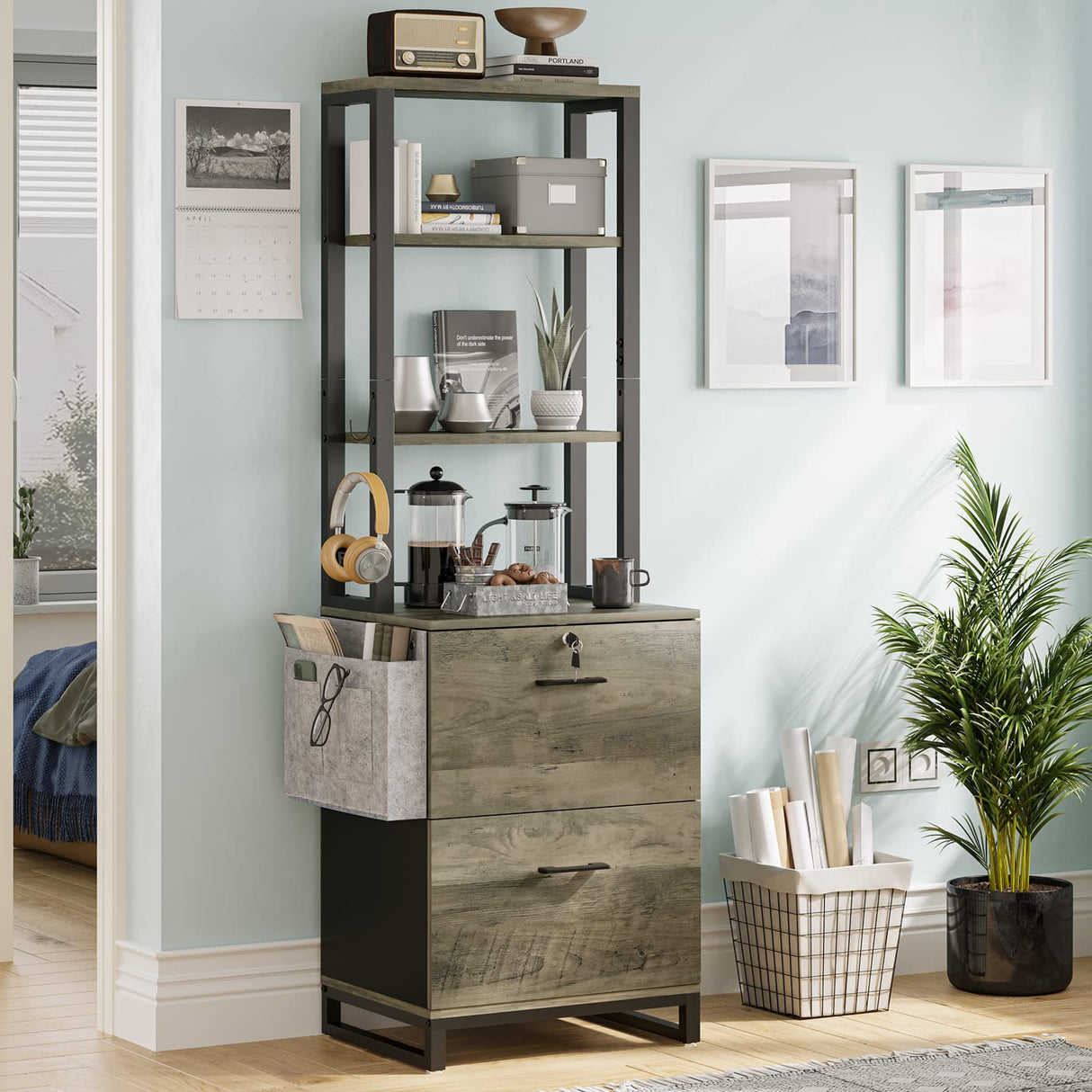 Itaar Oak Grey 2 Drawer Filing Cabinet with Lock and Adjustable Shelf for Home Office Itaar