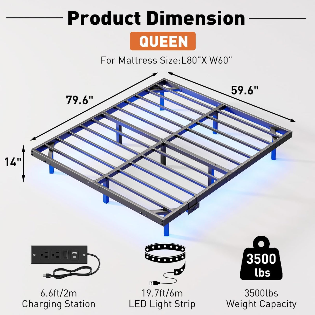 AGXI Floating Bed Frame Queen with LED Lights and Charging Station, 14 Inch Queen Floating Bed Frame - Modern Queen Bed Frame Easy Assembly No Box Spring Needed AGXI
