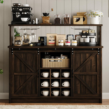 4ever2buy Farmhouse Wine Bar Cabinet with LED Light & Mirror, 47” Buffet Sideboard with 4 Glass Hooks & 9 Wine Racks, Coffee Bar Cabinet with Sliding Barn Door for Kitchen Dining Living Room, Brown