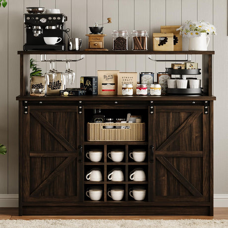 4ever2buy Farmhouse Wine Bar Cabinet with LED Light & Mirror, 47” Buffet Sideboard with 4 Glass Hooks & 9 Wine Racks, Coffee Bar Cabinet with Sliding Barn Door for Kitchen Dining Living Room, Brown 4ever2buy