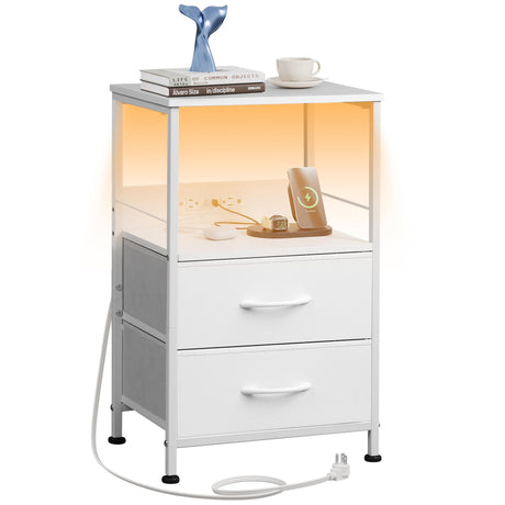 WLIVE White Night Stand with Charger Station, LED Nightstand with 2 Fabric Drawers and Storage Shelf, Bedside Table with 3 USB Ports and 2 Outlets, Small Dresser for Bedroom WLIVE
