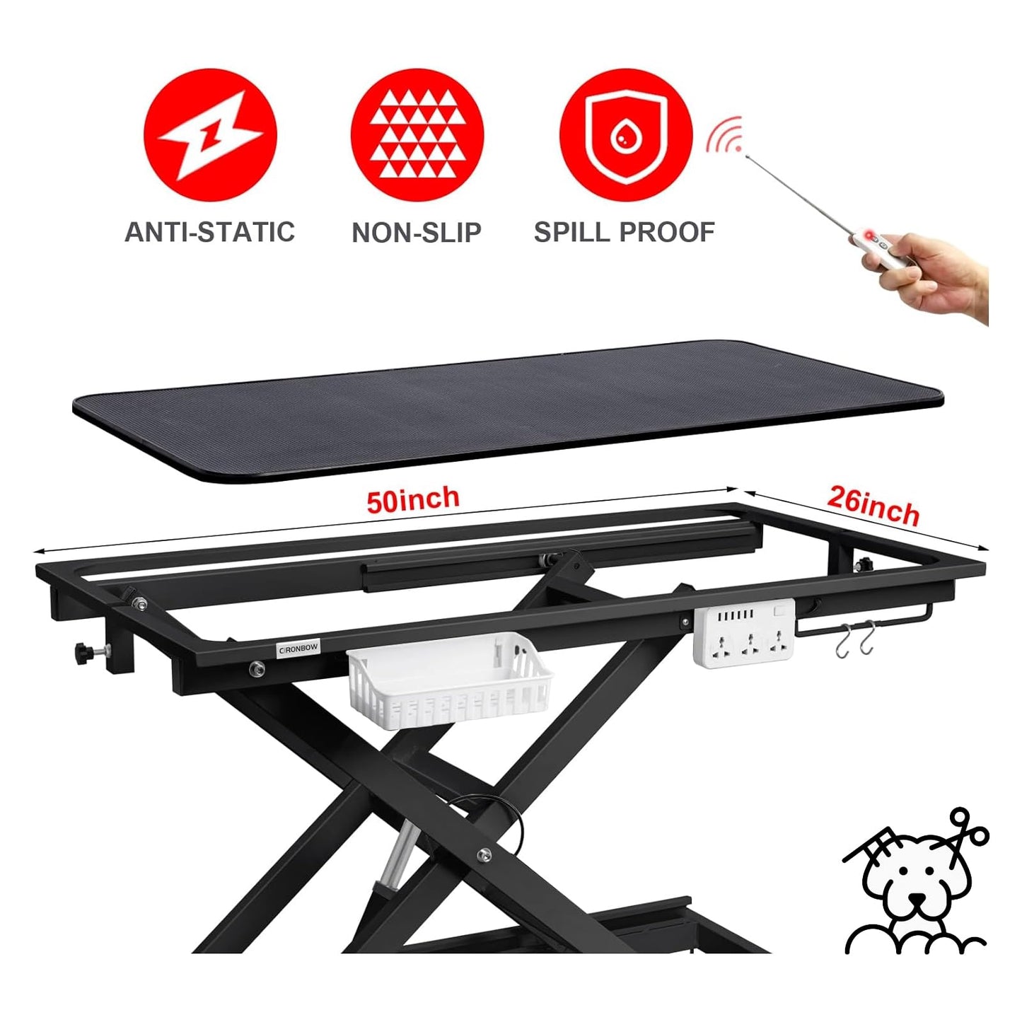 CIRONBOW 50'' Electric Dog Grooming Table, Adjustable X Lift Heavy Duty Dog Grooming Table for Large Dogs with Anti-Skid Tabletop & Grooming Scissors & Wireless Remote &Tool Organizer & Arms, Black