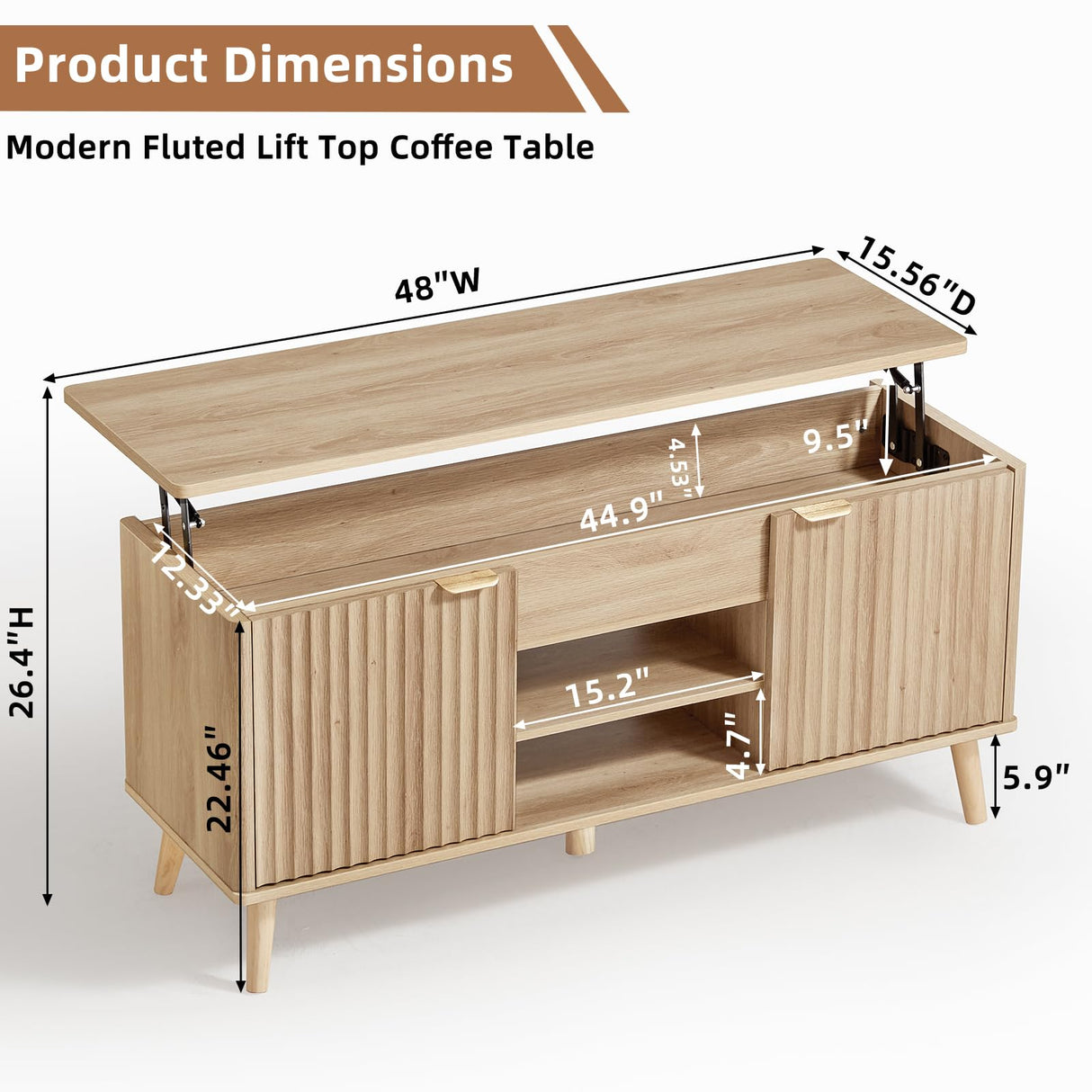 LEYAOYAO 48" Fluted Lift Top Coffee Table with Hidden Storage & Adjustable Shelves, Lifting Tabletop Large Rectangular Coffee Tables, Mid Century Modern Wood Center Table for Living Room, Natural LEYAOYAO