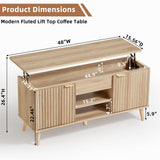 LEYAOYAO 48" Fluted Lift Top Coffee Table with Hidden Storage & Adjustable Shelves, Lifting Tabletop Large Rectangular Coffee Tables, Mid Century Modern Wood Center Table for Living Room, Natural LEYAOYAO